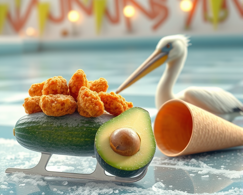 ice skate, cucumber, avocado, fried chicken, pelican, cone